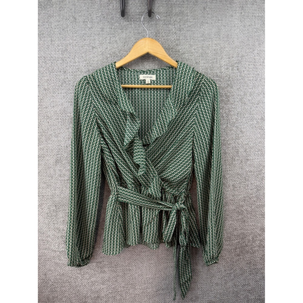 Max Studio Women's S Green Geometric Ruffle Wrap Blouse Long Sleeve Tie Waist